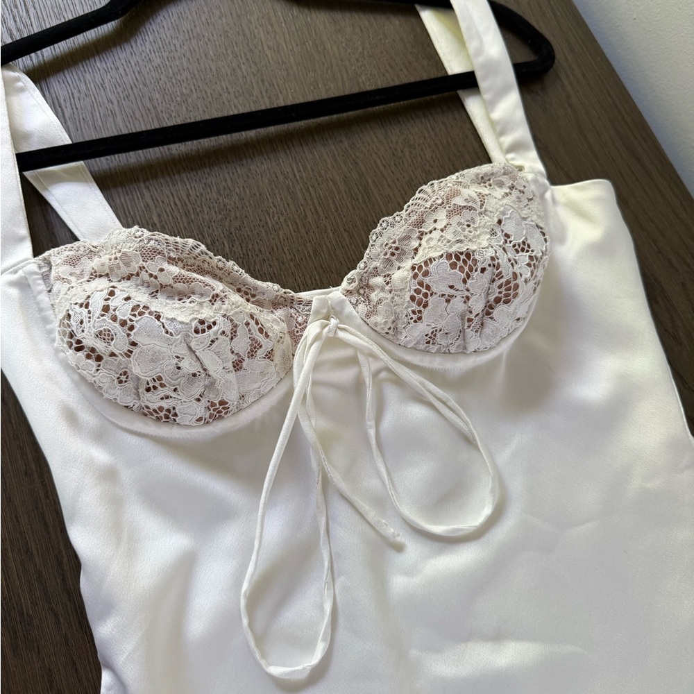 House of CB Cream Satin Mini Dress with Lace Detail